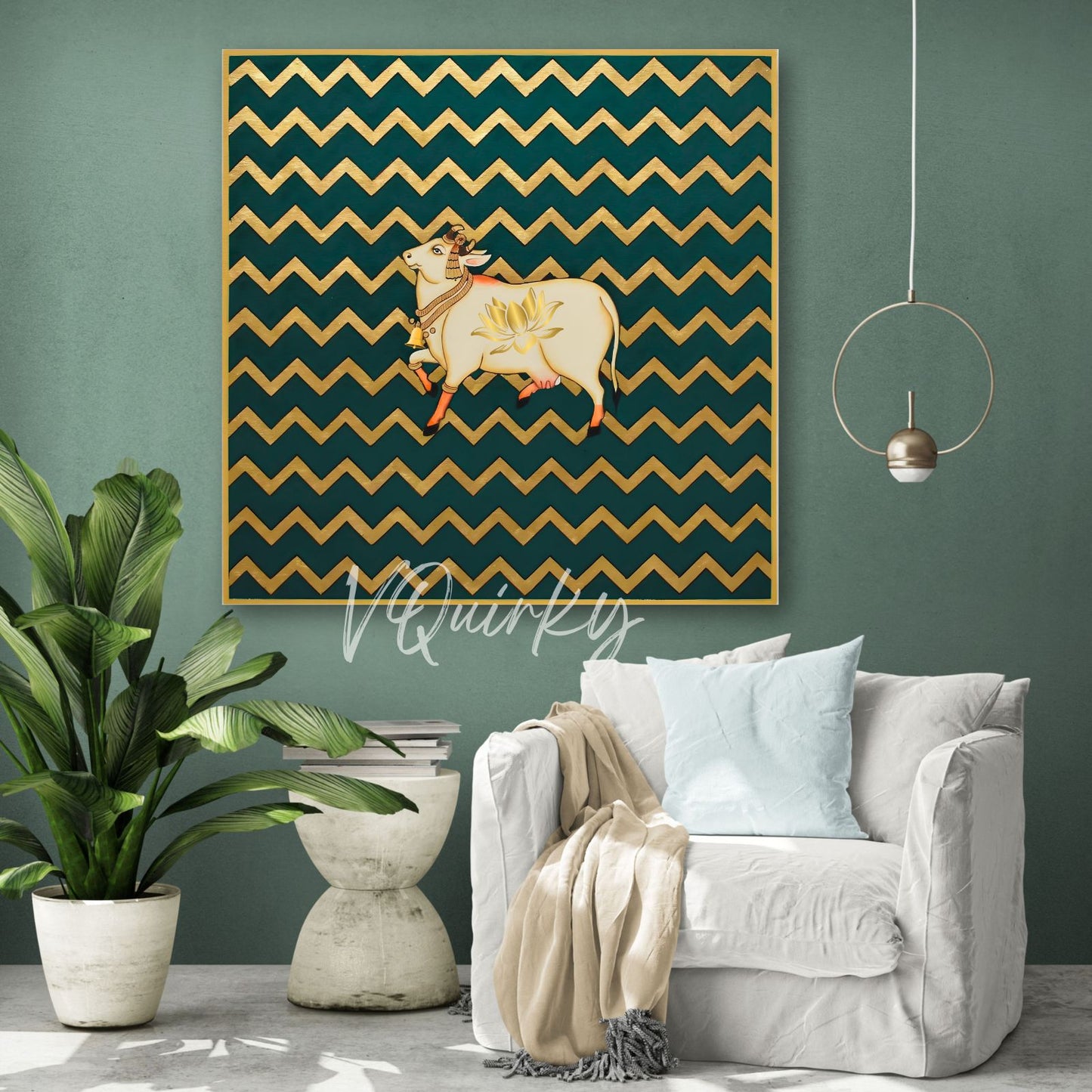 Pichwai Cow Lotus with Abstract Zig Zag Pattren Canvas Painting