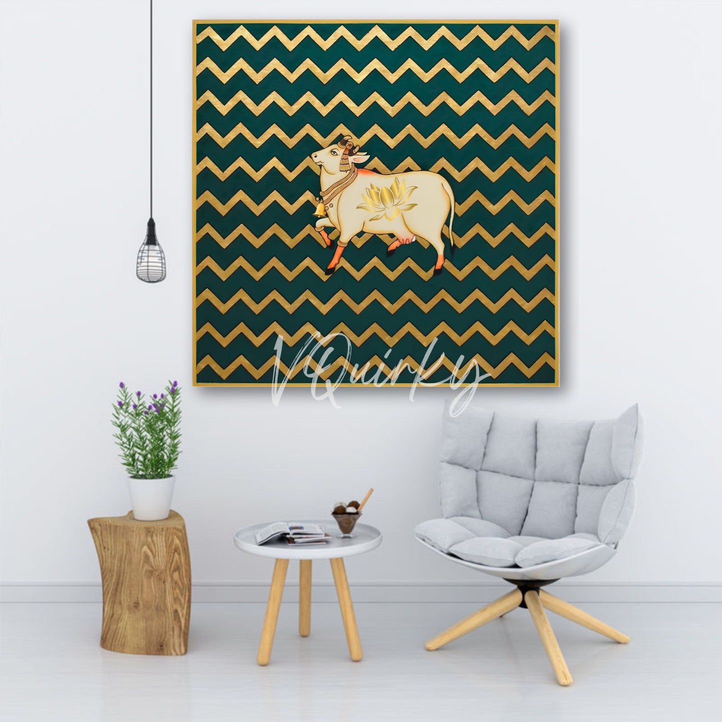 Pichwai Cow Lotus with Abstract Zig Zag Pattren Canvas Painting