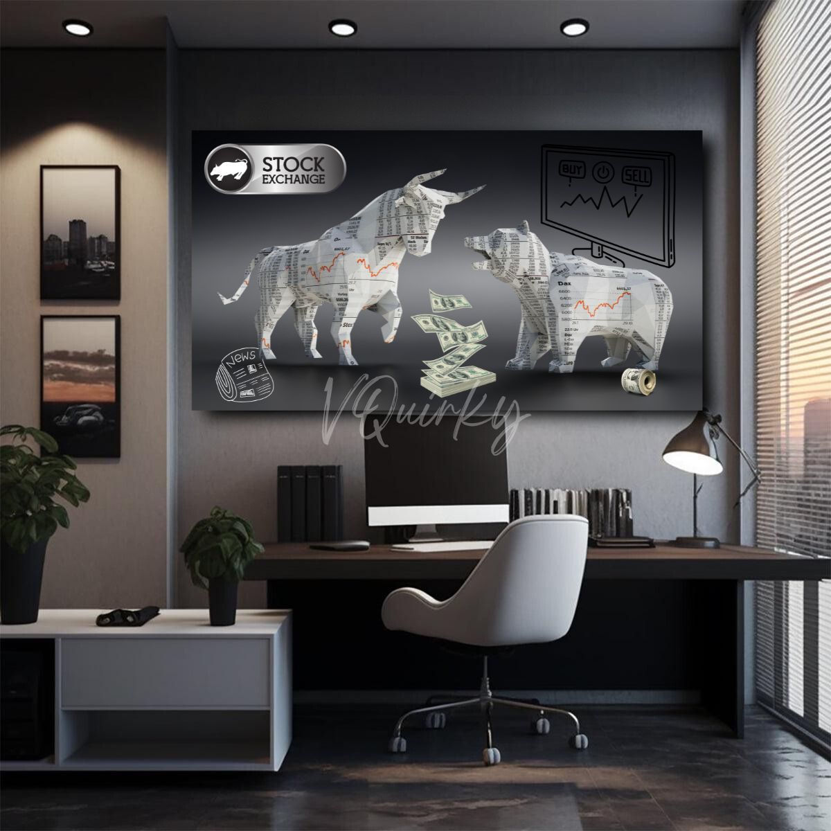 Bear And Bull H3 Stock Market Canvas Painting