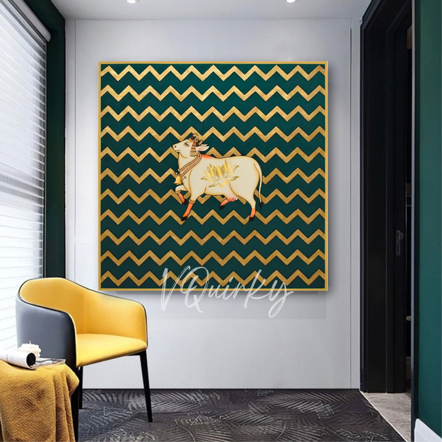 Pichwai Cow Lotus with Abstract Zig Zag Pattren Canvas Painting