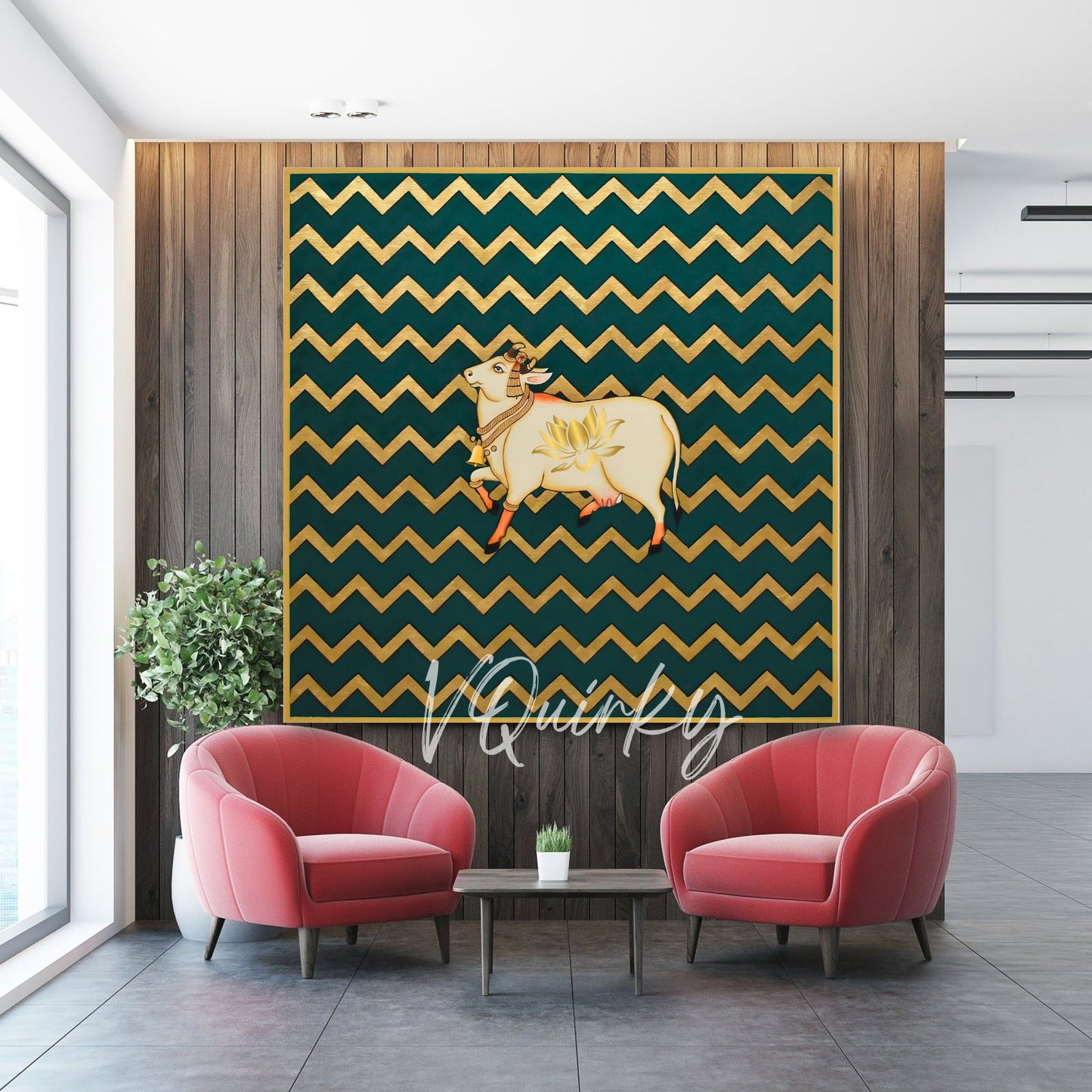 Pichwai Cow Lotus with Abstract Zig Zag Pattren Canvas Painting