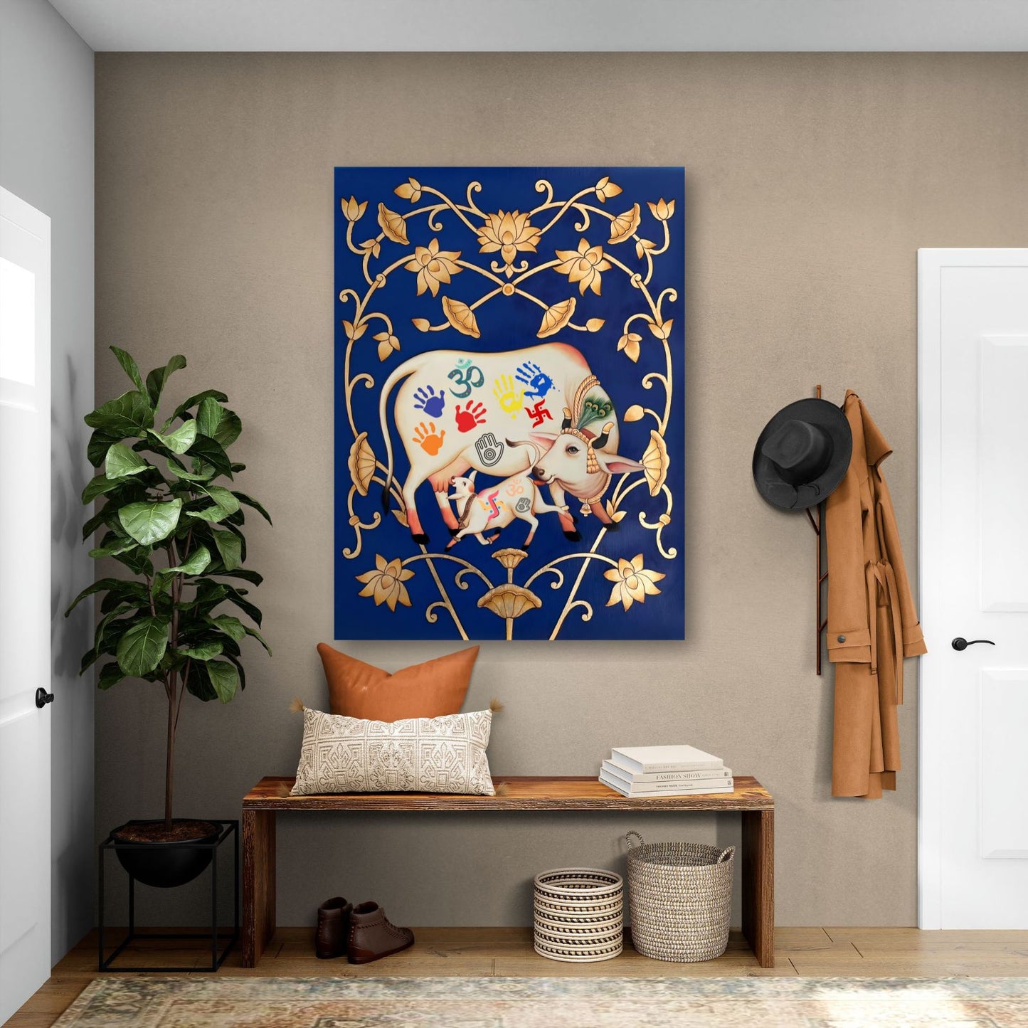 Pichwai Cow and Lotus Canvas Painting