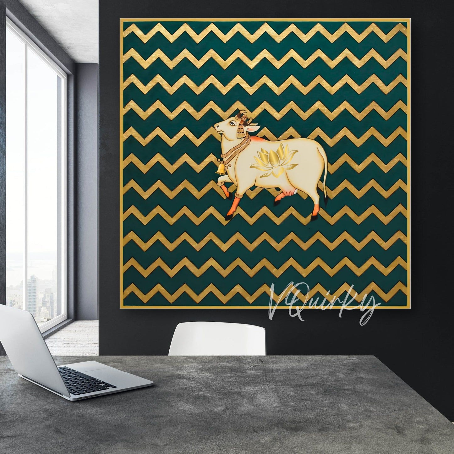 Pichwai Cow Lotus with Abstract Zig Zag Pattren Canvas Painting