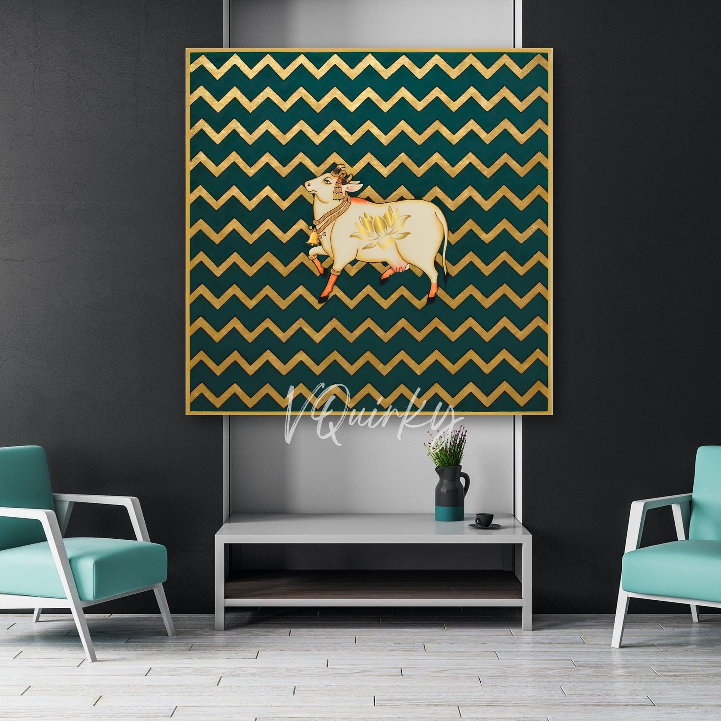 Pichwai Cow Lotus with Abstract Zig Zag Pattren Canvas Painting