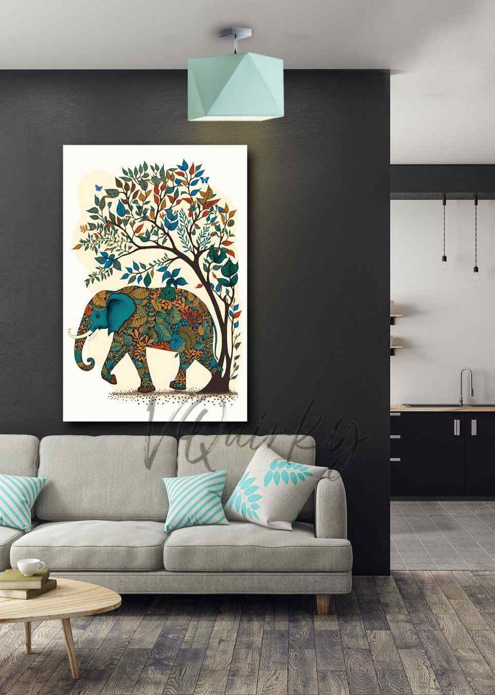 Madhubani Blue Elephant Canvas Painting