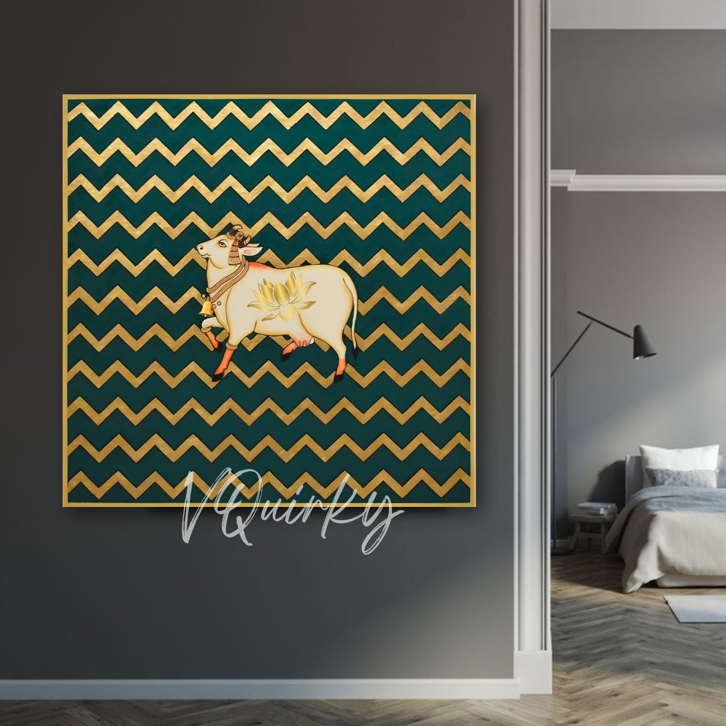 Pichwai Cow Lotus with Abstract Zig Zag Pattren Canvas Painting