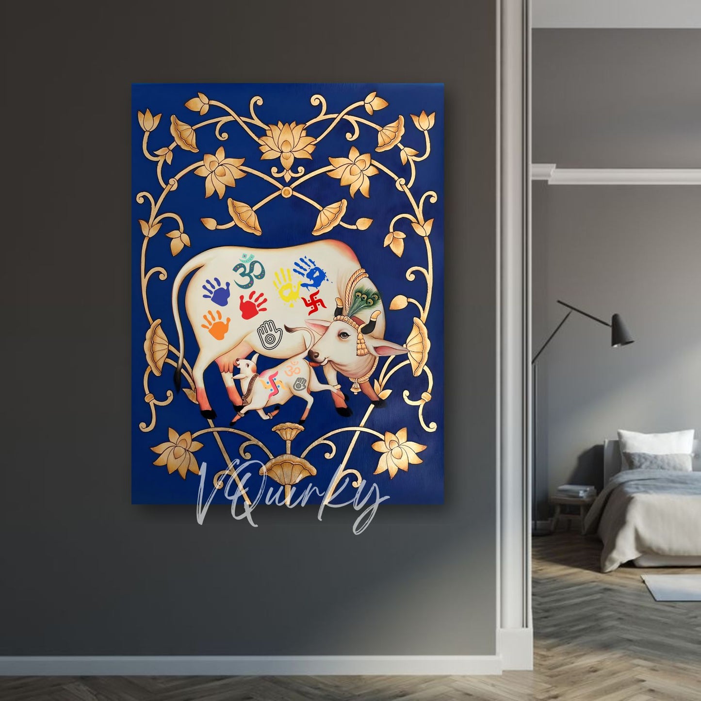 Pichwai Cow and Lotus Canvas Painting