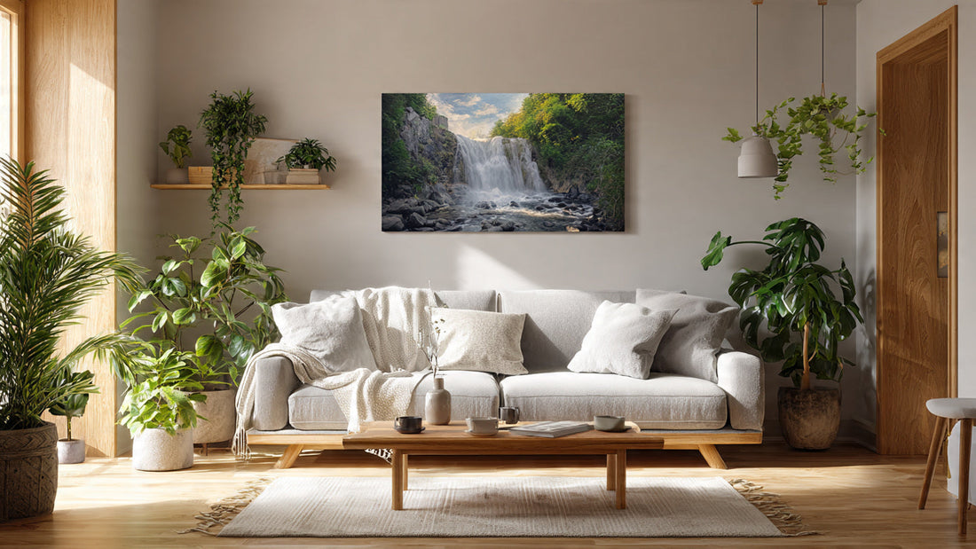 Modern Indian living room with waterfall canvas painting for vastu positive energy