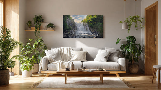 Modern Indian living room with waterfall canvas painting for vastu positive energy