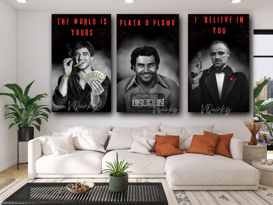 Tony Montana (Scarface),Pablo Escobar (Narcos),Don Vito Corleone (The Godfather)- Set Of 3 Canvas Painting