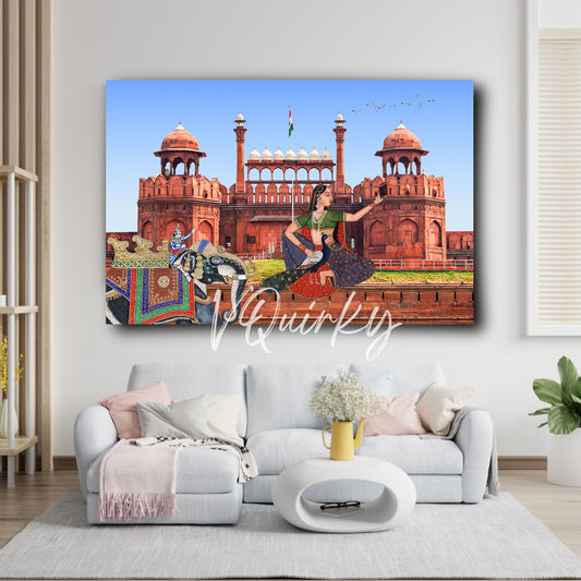 Red Fort Rajasthani Girl Traditional Canvas Painting