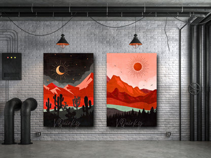 Vibrant Boho Sun & Moon - Set Of 2 Canvas Painting