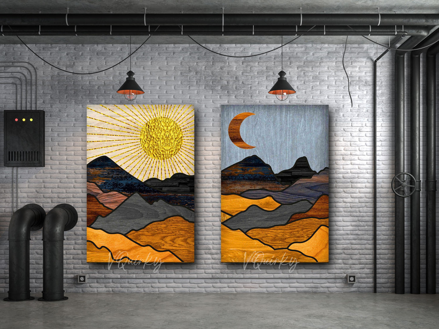 Boho Mountains Sun & Moon - Set Of 2 Canvas Painting