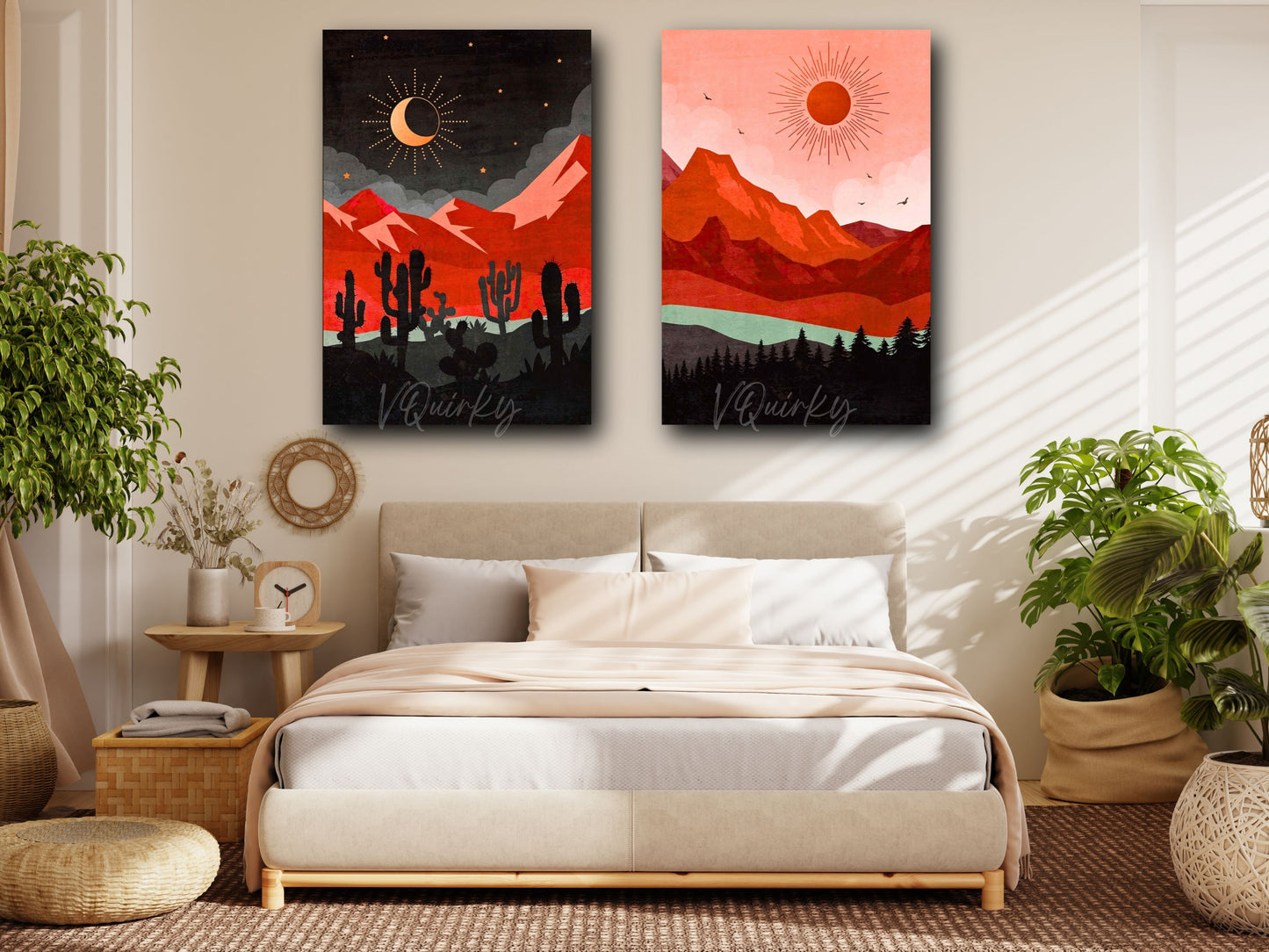 Vibrant Boho Sun & Moon - Set Of 2 Canvas Painting