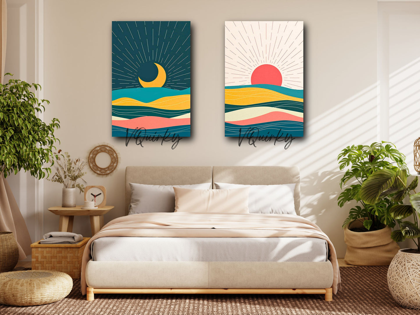 Boho Sun & Moon- Set Of 2 Canvas Painting