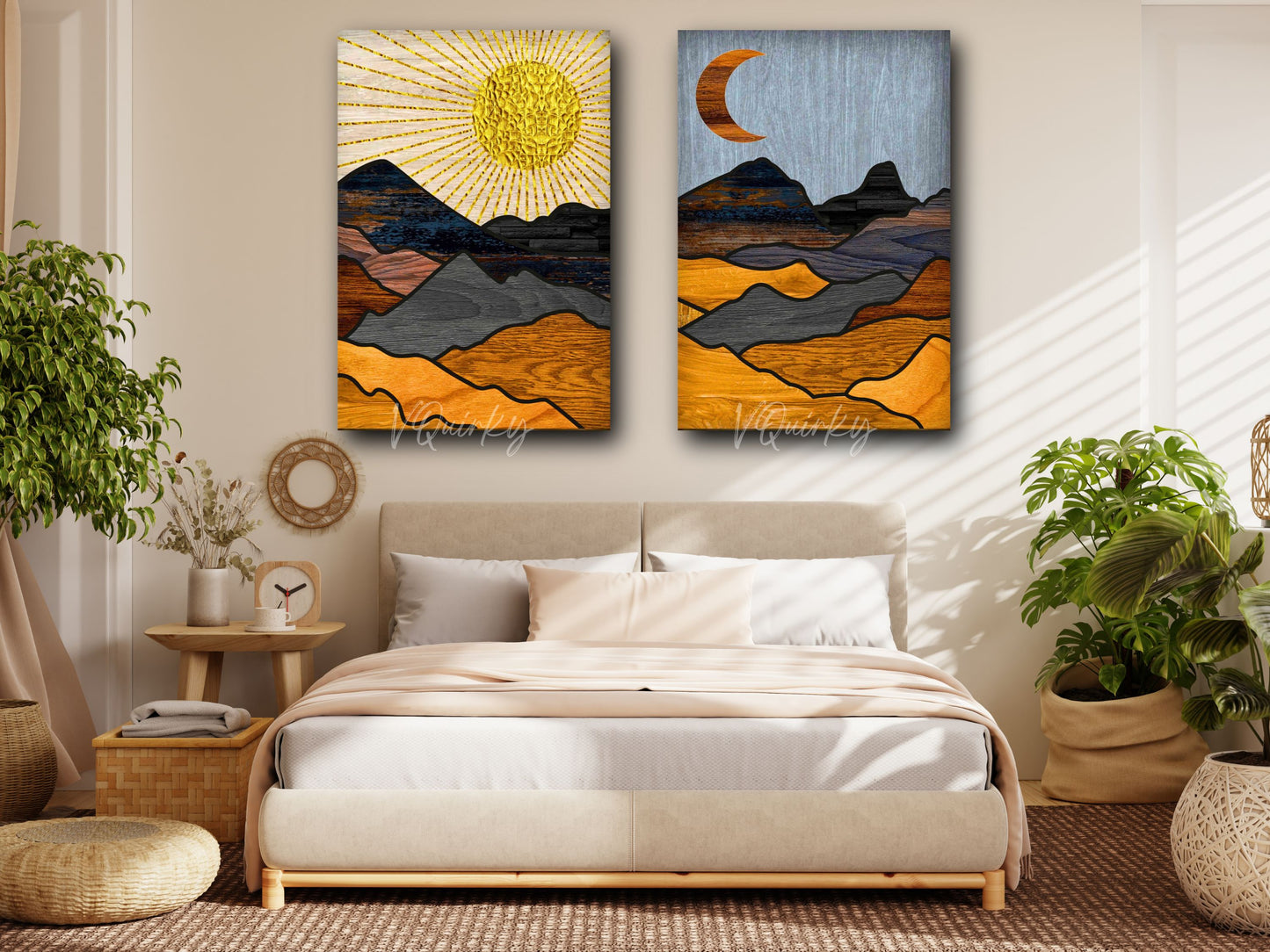 Boho Mountains Sun & Moon - Set Of 2 Canvas Painting