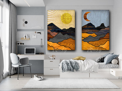 Boho Mountains Sun & Moon - Set Of 2 Canvas Painting