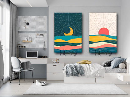 Boho Sun & Moon- Set Of 2 Canvas Painting