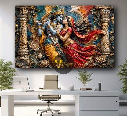 Krishna and Radha in Temple 3D Horizontal Canvas Painting