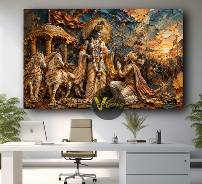 Krishna and Arjuna Mahabharat Battlefield Horizontal Canvas Painting