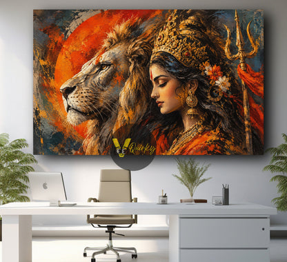 Lion and Goddess Horizontal Canvas Painting