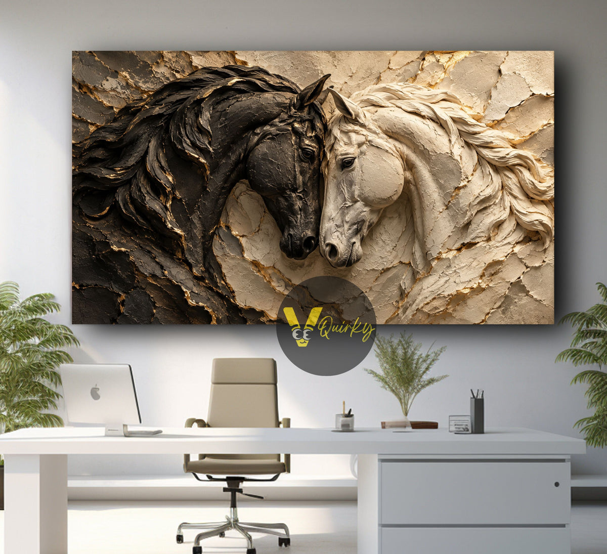 Black and White Horse 3D Horizontal Canvas Painting
