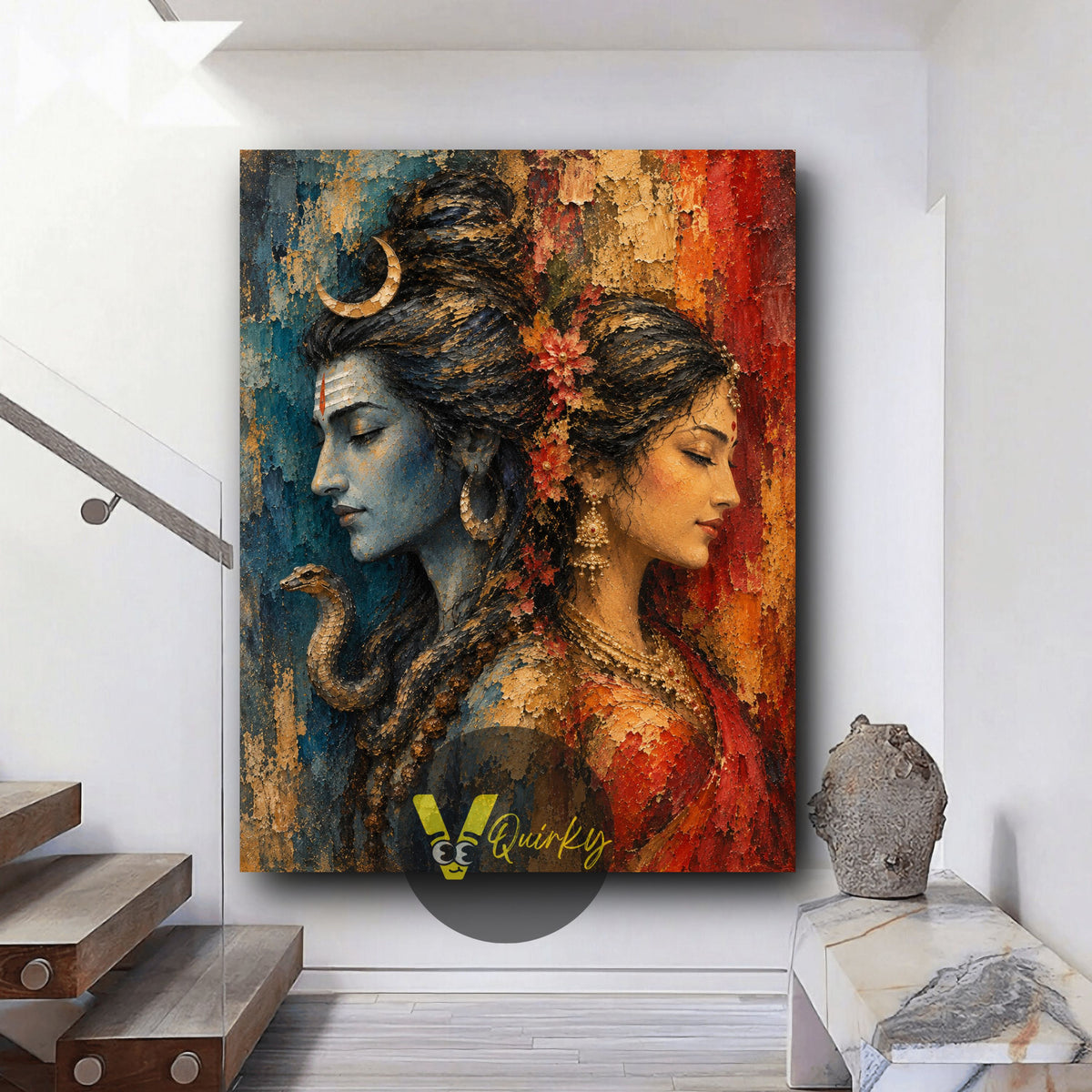 Shiva and Parvati Ji Textured  Vertical Canvas Painting