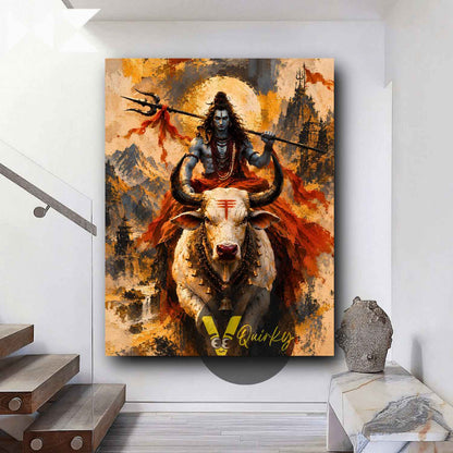 Har Har Mahadev (Shiv Ji) Riding Nandi Ji Vertical Canvas Painting