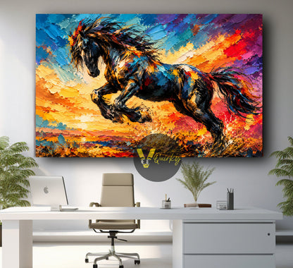 Black Horse Colorful Abstract Horizontal Canvas Painting