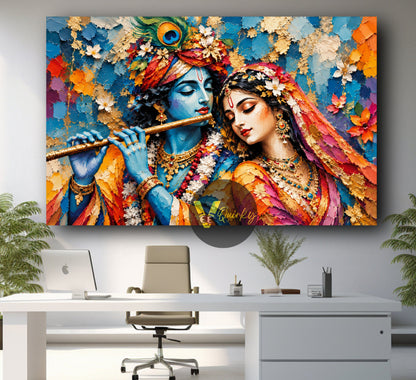 Krishna and Radha Ji in Textured Devotion 3D Horizontal Canvas Painting