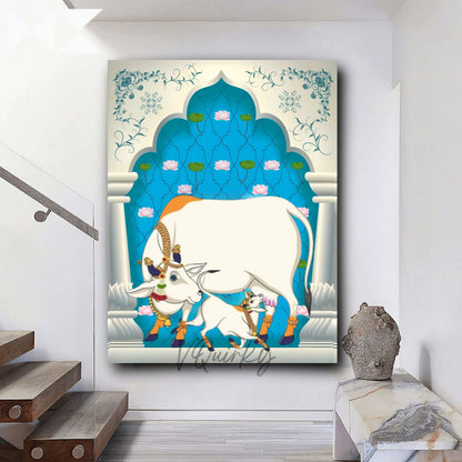 Vertical Pichwai Cow and Lotus  Canvas Painting