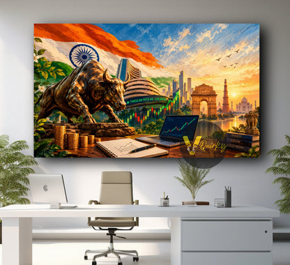 India Bull Horizontal Stock Market Investing Canvas Painting