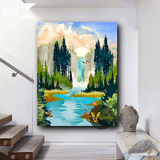 Waterfall Falling From The Mountains Vastu V3 Canvas Painting