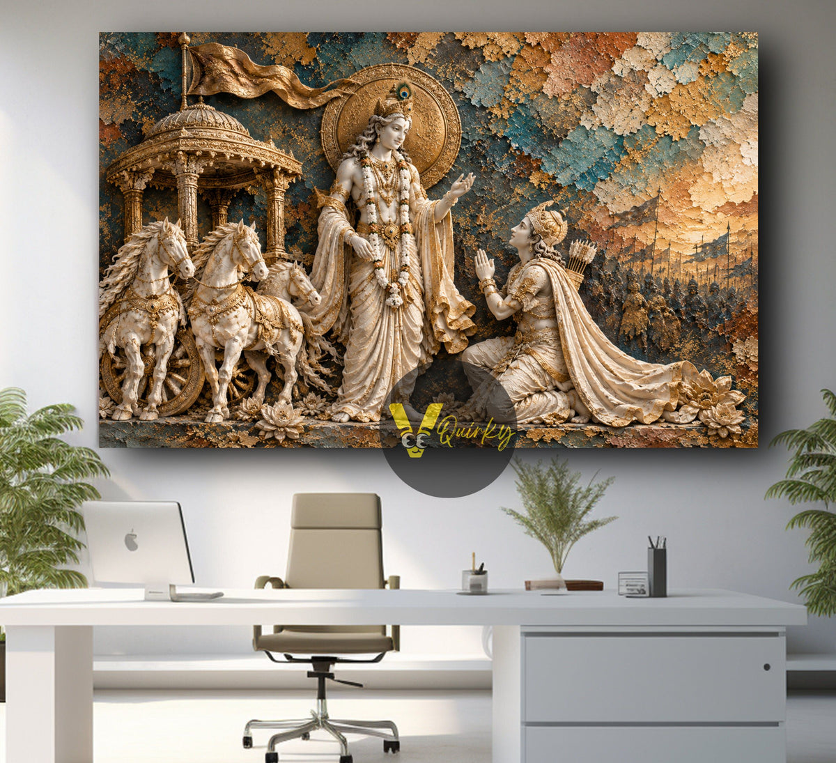 Krishna and Arjuna Mahabharat Marble 3D Horizontal Canvas Painting