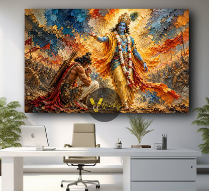 Krishna’s Wisdom on the Mahabharat Battlefield 3D Horizontal Canvas Painting