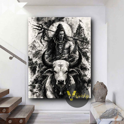 Har Har Mahadev (Shiv Ji) Nandi Ji Sketch Vertical Canvas Painting