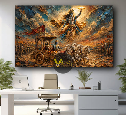 Krishna and Arjuna Mahabharat Battlefield 3D Horizontal Canvas Painting