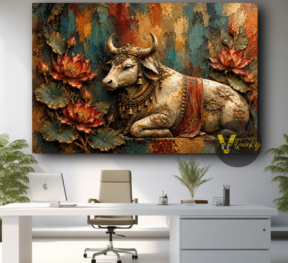Ornate Nandi Amid Textured Lotuses Landscape 3D Canvas Painting