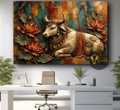 Ornate Nandi Amid Textured Lotuses Landscape 3D Canvas Painting
