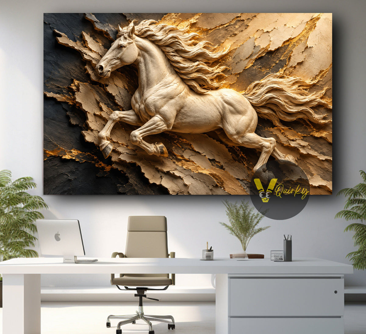 Golden Horse Through Shattered Stone 3D Horizontal Canvas Painting