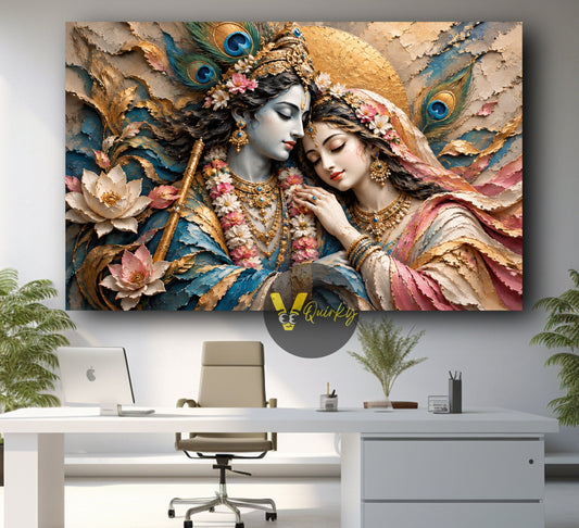Golden Radha Krishna 3D-style canvas painting for home wall decor by Vquirky