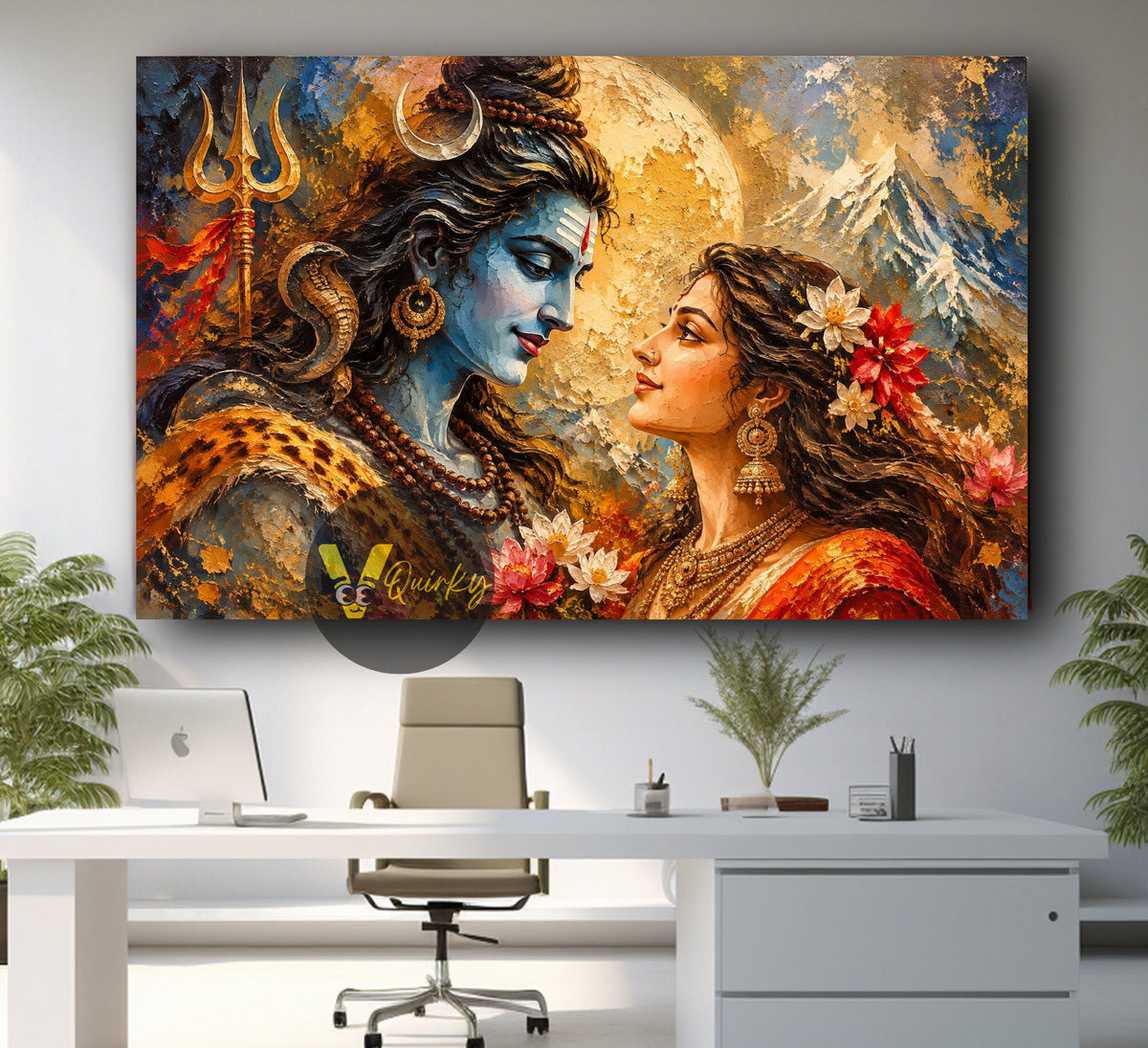 Shiva and Parvati Beneath the Mystic Moon Horizontal Canvas Painting