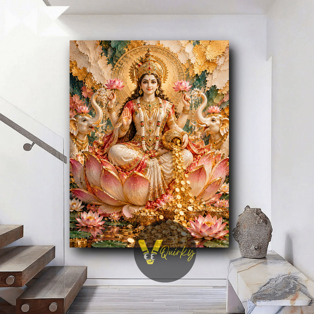 Golden Lakshmi Ji on Lotus 3D Vertical Canvas Painting