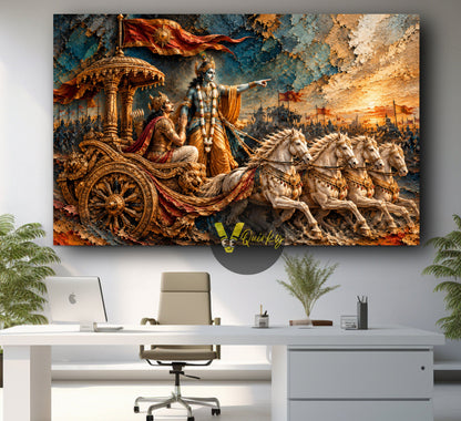 Krishna and Arjuna Mahabharat 3D Horizontal Canvas Painting