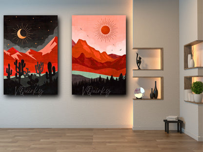 Vibrant Boho Sun & Moon - Set Of 2 Canvas Painting