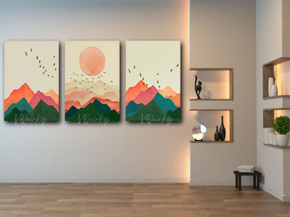 Boho Sunset - Set Of 3 Nature Canvas Painting