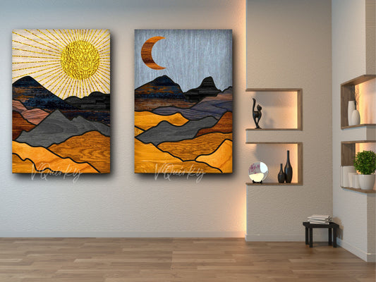 Boho Mountains Sun & Moon - Set Of 2 Canvas Painting