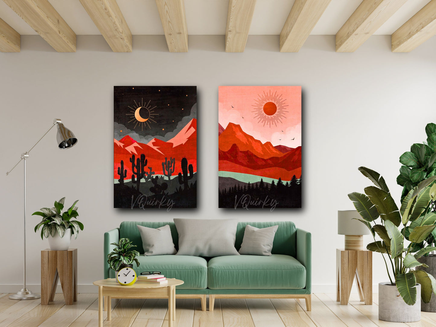 Vibrant Boho Sun & Moon - Set Of 2 Canvas Painting