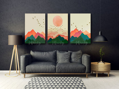 Boho Sunset - Set Of 3 Nature Canvas Painting