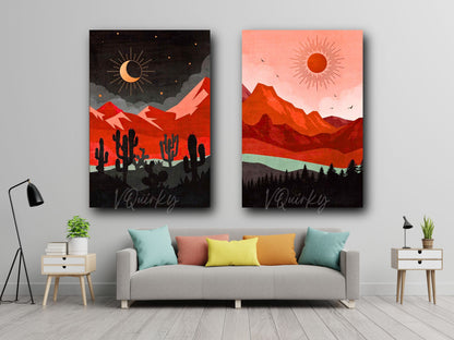 Vibrant Boho Sun & Moon - Set Of 2 Canvas Painting